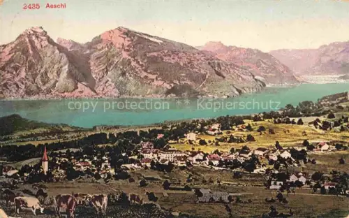 AK / Ansichtskarte Aeschiried AESCHI Frutigen BE Thunersee See Berge Dorf Kirche Kuehe Wiesen Alpenpanorama