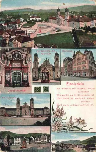 AK / Ansichtskarte EINSIEDELN  SZ Stiftskirche Gnadenkapelle Brunnen Rathaus Stadtansicht Kloster Edelweiss