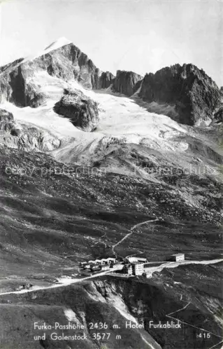 AK / Ansichtskarte Furkapass Galenstock Hotel-Furkablick Passhoehe Gletscher Gebirge Schnee Gebaeude