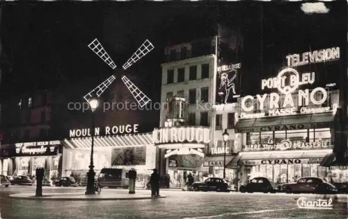AK / Ansichtskarte PARIS 75 Moulin-Rouge Nacht Neonreklame Windmuehle Brasserie-Cyrano Autos Montmartre