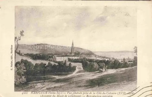 AK / Ansichtskarte Harfleur LE HAVRE 76 Seine-Maritime Côte-du-Calvaire Stadtansicht Kirche Huegel Baeume Landschaft Illustration Estampe