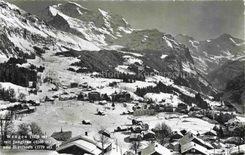 AK / Ansichtskarte Wengen  BE Jungfrau Breithorn Winterlandschaft Schnee Dorf Berge Alpen