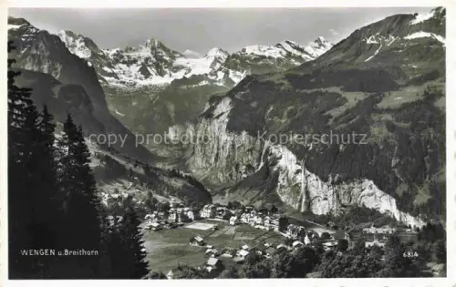 AK / Ansichtskarte Wengen  BE Breithorn Lauterbrunnental Berge Tal Felsen Dorf Wasserfall