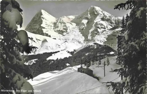 AK / Ansichtskarte Muerren BE Muerrenbahn Eiger Moench Winter Schnee Seilbahn Nadelwald Bergpanorama
