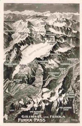 AK / Ansichtskarte Furkapass Rhone-Gletscher Galenstock Furkahorn Grimsel Andermatt Hospenthal Panoramakarte Berge