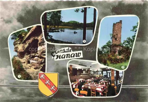 AK / Ansichtskarte Etang de Hanau Philippsbourg 57 Moselle Philippsburg Lothringen Etang-de-Hanau See Felsen Burgruine Restaurant Elsaesser-Wappen Wald Angeln