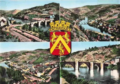 AK / Ansichtskarte Entraygues-sur-Truyere RODEZ 12 Aveyron Pont-gothique Truyère Fluss Ortspanorama Bruecke Wappen Huegel Calvaire