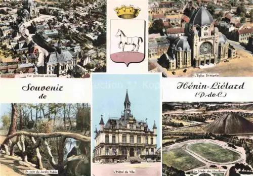 AK / Ansichtskarte Henin-Lietard LENS 62 Pas-de-Calais Fliegeraufnahme Eglise-St-Martin Hôtel-de-Ville Stade-des-Houillères Jardin-Public Wappen Kohlenbergbau Bergbauhalden