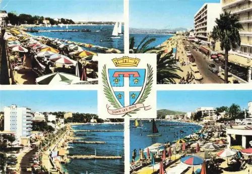 AK / Ansichtskarte JUAN-LES-PINS Antibes 06 Alpes-Maritimes La-Plage Strandpromenade Sonnenschirme Segelboote Hochhaeuser Palmen Wappen Côte-d Azur