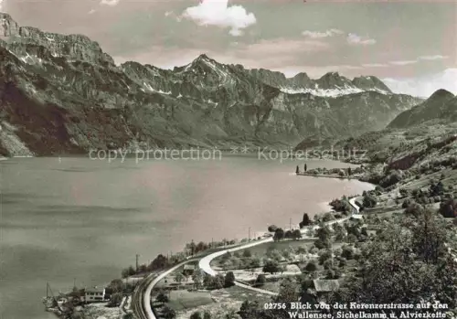 AK / Ansichtskarte Filzbach Glarus GL Kerenzerstrasse Walensee Sichelkamm Alvierkette Berghus Café See Berge Eisenbahn