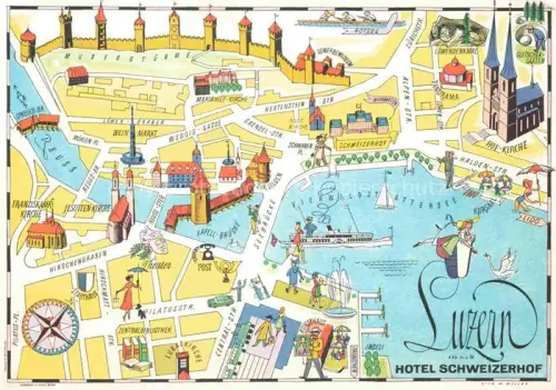 AK / Ansichtskarte LUZERN  LU Hotel-Schweizerhof Stadtplan Kapell-Bruecke Vierwaldstaettersee Reuss Spreuer-Bruecke Jesuitenkirche Loewendenkmal
