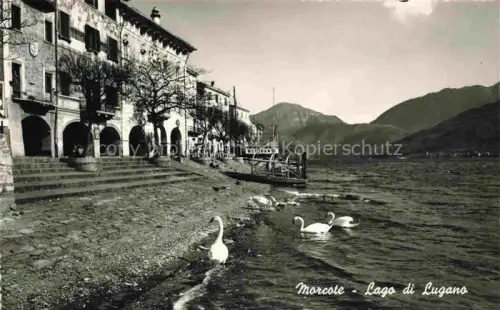 AK / Ansichtskarte Morcote Lago di Lugano TI Lago-di-Lugano Uferpromenade Schwaene Arkaden Berge Restaurant Boote S/W