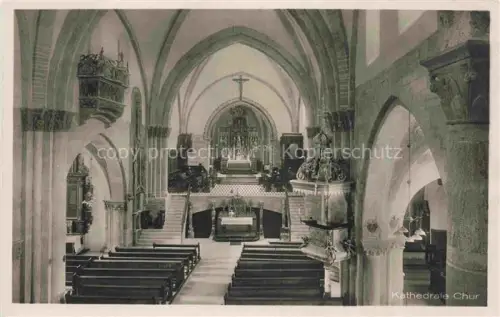 AK / Ansichtskarte CHUR Coire GR Kathedrale Kirchenschiff Altar Gewoelbe Kirchenbaenke Romanik Chor Kruzifix
