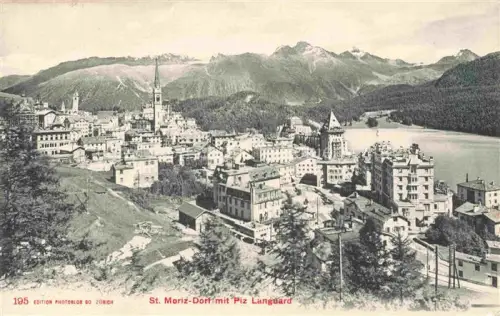 AK / Ansichtskarte St Moritz  SANKT MORITZ GR Piz-Languard Stadtpanorama Kirche Hotels See Berge Handkoloriert