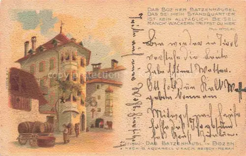 AK / Ansichtskarte Bozen  BOLZANO Suedtirol IT Batzenhaeusl Gasthof Fassadenmalerei Fass Kutsche Altstadt Lithographie