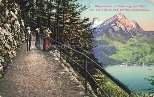 AK / Ansichtskarte Buergenstock Vierwaldstaettersee NW Felsenweg Pilatus Vierwaldstaettersee Wanderer Felsen Baeume Bergweg See