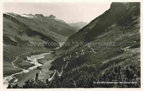 AK / Ansichtskarte Hinterrhein GR St-Bernhardinstrasse Serpentinen Gebirgstal Fluss Bergstrasse Schneeberge Alpen