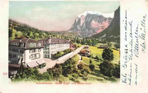 AK / Ansichtskarte Grindelwald BE Hotel-Eiger Wetterhorn Berghotel Alpen Wiesen Dorf handkoloriert