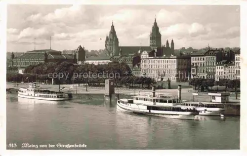 AK / Ansichtskarte Mayence Mainz Rheinland-Pfalz Strassenbruecke Rhein Dom Schiffe Stadtpanorama Uferpromenade Rheinufer