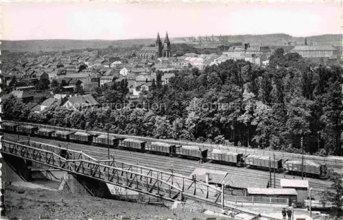 AK / Ansichtskarte Esch-sur-Alzette Luxembourg Stadtpanorama Kirche Doppelturm Gueterzug Eisenbahnbruecke Gueterwaggons Baeume