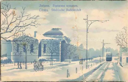 AK / Ansichtskarte Libau LIEPAJA Latvia Staedtische-Badeanstalt Strassenbahn Winterlandschaft Schnee Baeume Gebaeude