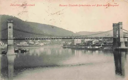 AK / Ansichtskarte Tetschen-Bodenbach Boehmen DECIN CZ Kaiserin-Elisabeth-Kettenbruecke Haengebruecke Elbe Fluss Obergrund Boote Haeuser