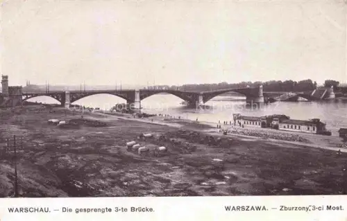 AK / Ansichtskarte Wesola Warschau Zburzony-Most Weichsel Bruecke gesprengte-Bruecke Fluss Ufer Fuhrwerke