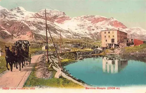 AK / Ansichtskarte Ospizio Bernina GR Bernina-Hospiz Bergsee Pferdekutsche Schneeberge Hospiz Berge