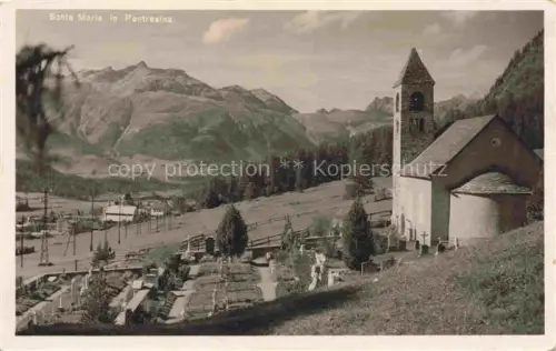 AK / Ansichtskarte Pontresina Maloja GR Santa-Maria Kapelle Friedhof Kirchturm Berge Tal Wald