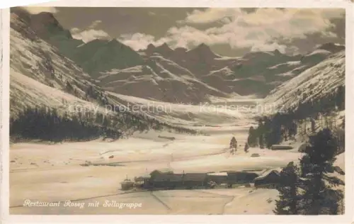 AK / Ansichtskarte Rosegtal GR Restaurant-Roseg Sellagruppe Gletscher Berge Schnee Wald Tal Engadin