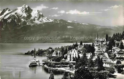 AK / Ansichtskarte Weggis Vierwaldstaettersee LU Vierwaldstaettersee Pilatus Dampfschiff Ortschaft See Berge Hotel Kirchturm