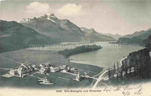 AK / Ansichtskarte Sils Baselgia Engadin Maloja GR Silsersee Dorf See Berge Insel Engadin Wald