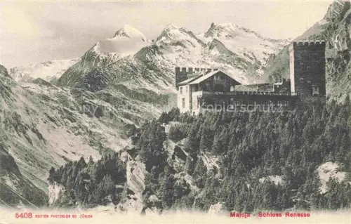 AK / Ansichtskarte Maloja GR Schloss-Renesse Hotel Berglandschaft Turm Alpen Schneeberge Nadelwald