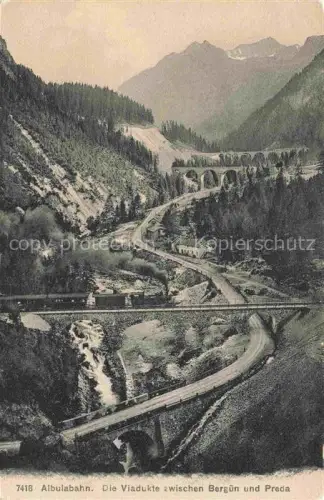 AK / Ansichtskarte Preda Albula GR Albulabahn Viadukt Eisenbahn Zug Tal Wasserfall Nadelwald Berglandschaft