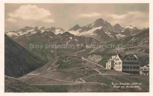 AK / Ansichtskarte Furkapasshoehe Furkapass Passhoehe Hotel-Furka Berneralpen Passstrasse Bergpanorama Gletscher