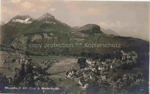 AK / Ansichtskarte Morschach SZ Oberbauen Niederbauen Bergpanorama Dorf Kirche Wiesen Felswand