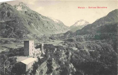 AK / Ansichtskarte Maloja GR Maloja Schloss-Belvédère Tal Berge Engadin Wald Turm Burg