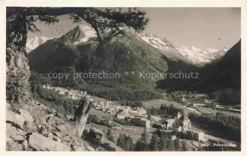 AK / Ansichtskarte Pontresina Maloja GR Pontresina Tal Ortschaft Bergkette Piz-Bernina Wald Hotel Engadin Panorama
