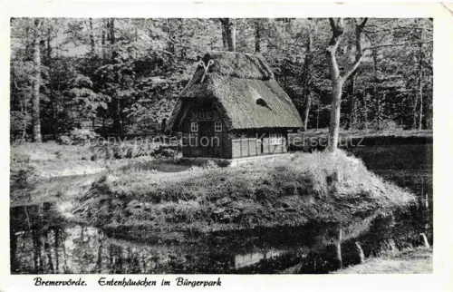AK / Ansichtskarte Bremervoerde Entenhaeuschen Buergerpark Reetdachhaus Teich Wald Idylle Insel