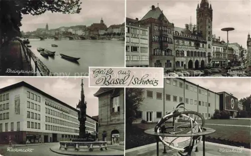 AK / Ansichtskarte BASEL BS Rheinpanorama Rathaus Fischmarkt Messehalle Rhein Bruecke Mehrbildkarte
