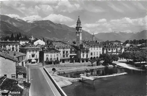 AK / Ansichtskarte Ascona Lago Maggiore TI Lago-Maggiore Kirchturm Hafen Haeuser Berge Uferpromenade