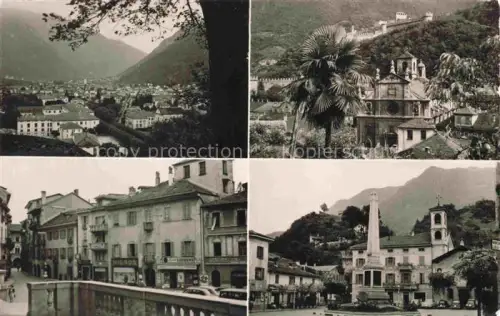 AK / Ansichtskarte BELLINZONA TI Stadtpanorama Sacro-Monte Palmbaum Strassenszene Obelisk Geschaefte