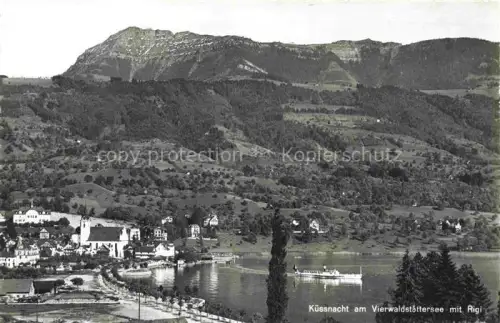 AK / Ansichtskarte KuessNACHT Vierwaldstaettersee SZ Vierwaldstaettersee Rigi Kirchturm Dampfschiff Dorf Panorama