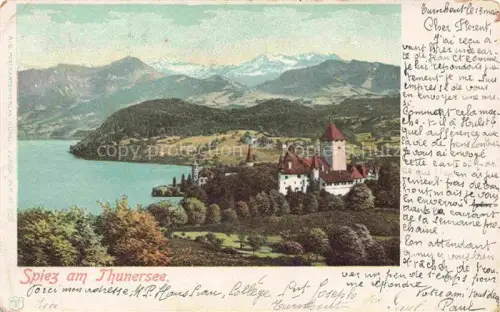 AK / Ansichtskarte SPIEZ Thunersee Niedersimmental BE Thunersee Schloss Turm See Berge Handkoloriert Schlosspark