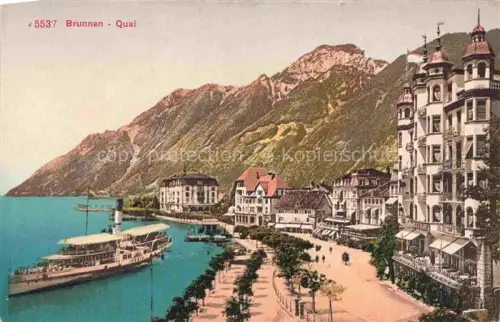 AK / Ansichtskarte Brunnen Vierwaldstaettersee SZ Quai Dampfschiff Hotel Uferpromenade Vierwaldstaettersee Berge Seepromenade