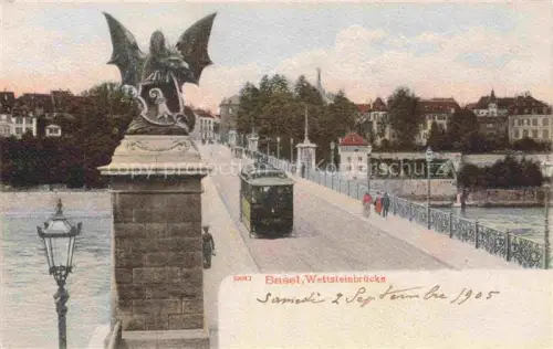 AK / Ansichtskarte BASEL BS Wettsteinsbruecke Basilisk Strassenbahn Rhein Bruecke Handkoloriert Laterne