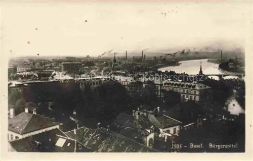 AK / Ansichtskarte BASEL BS Buergerspital Rhein Fabrikschornsteine Industriepanorama Daecher Bruecke