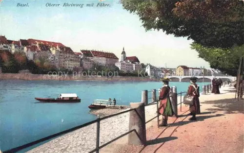 AK / Ansichtskarte BASEL BS Oberer-Rheinweg Rhein Faehre Bruecke Passanten Tracht Rheinufer Altstadt