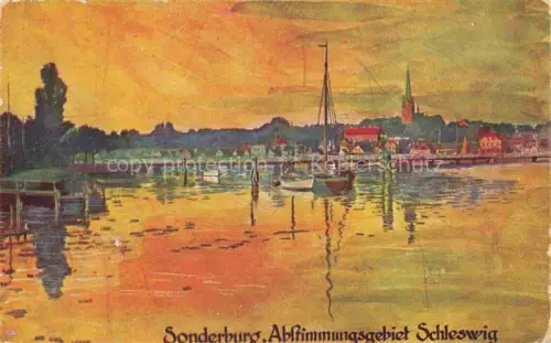 AK / Ansichtskarte Sonderborg DK Hafen Segelboot Kirche Abendstimmung Bucht Bruecke Kunstkarte