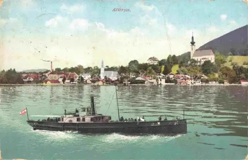 AK / Ansichtskarte Attersee Attersee Dampfschiff Kirche Dorf See Berge Ufer